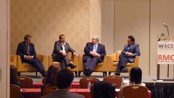 Left to right: Geoff Crouse CEO of Cord Blood Registry, C. Randal Mills, President and CEO of CIRM, Rick Blume of Excel Venture Management and Anthony Atala of Wake Forest University Medical Center